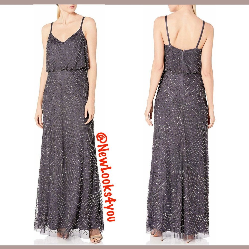 NEW Adrianna Papell Art Deco Beaded Blouson Gown Gunmetal [ 2 4 6 8 10P 12 14  ]